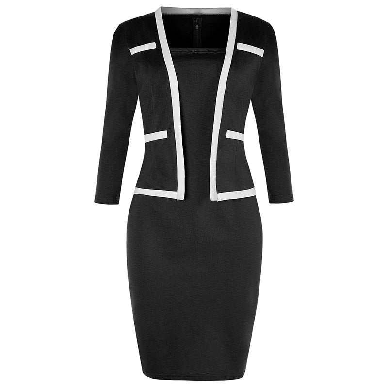 BamBam Women's Three Quarter Sleeve Fake Two Piece Patchwork Professional Bodycon Dress - BamBam