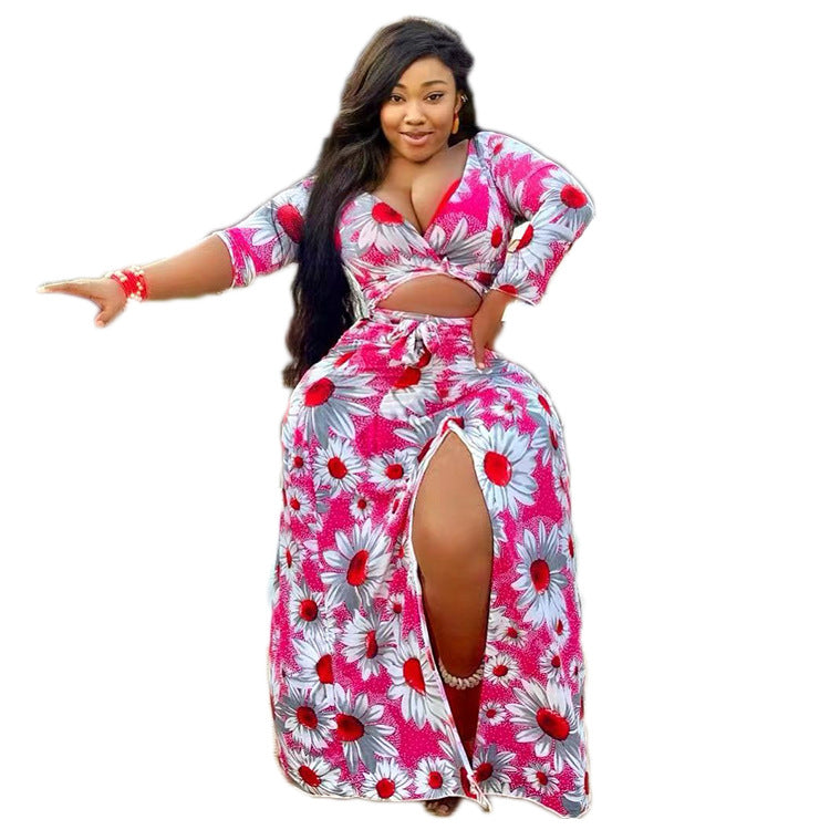 BamBam Plus Size Women Sexy Print V neck Top and Split Skirt Two-Piece Set - BamBam