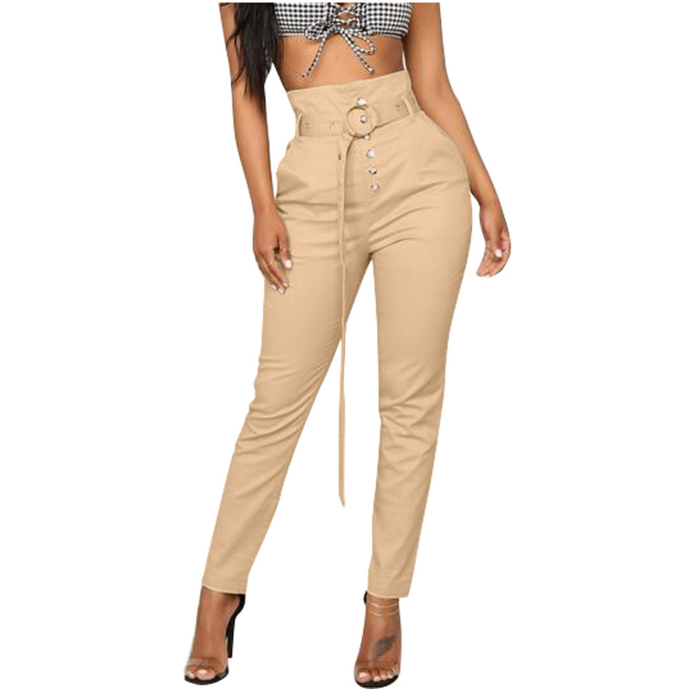 BamBam Women's Fitted Solid Color High Waist Pants With Belt - BamBam