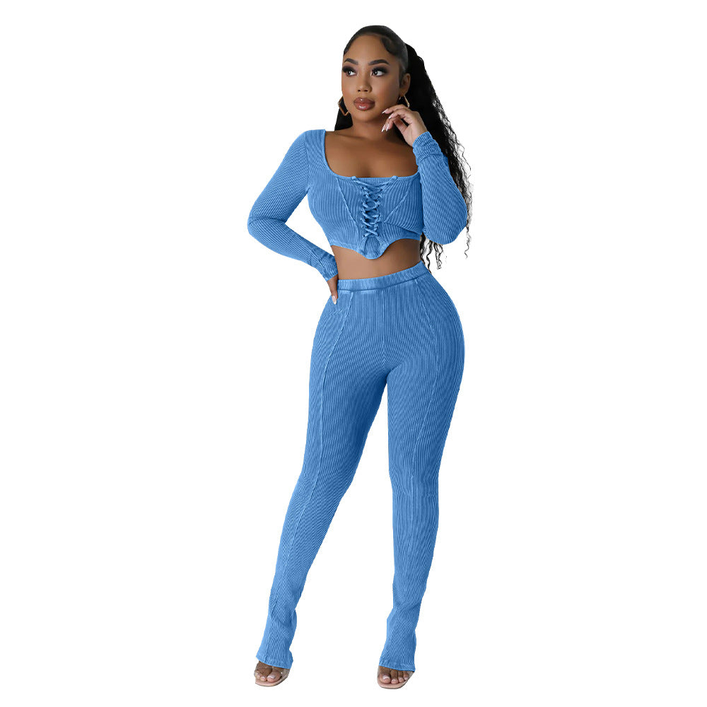 BamBam Women's Square Neck Long Sleeve Lace Up Top Sexy Tight Fitting Pencil Pants Fashion Two Piece Set - BamBam
