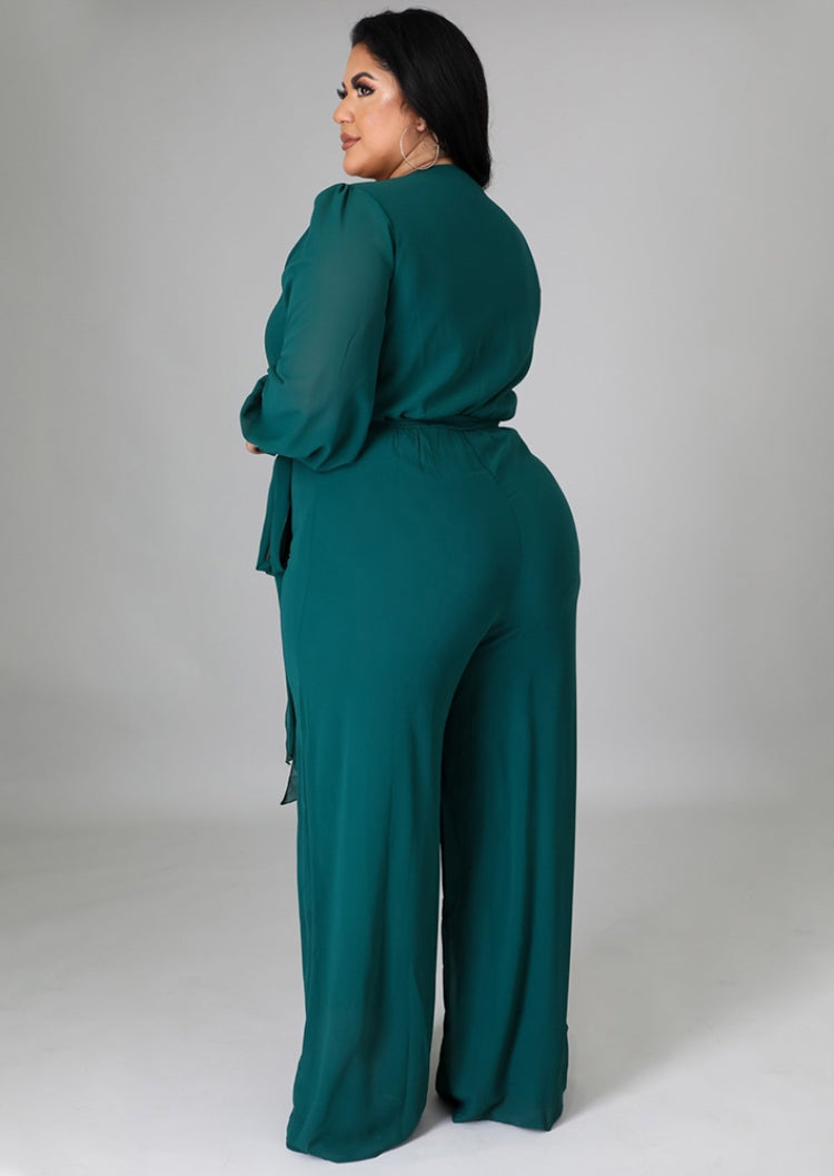 BamBam Autumn Plus Size Elegant Wrap Jumpsuit Green - BamBam Clothing