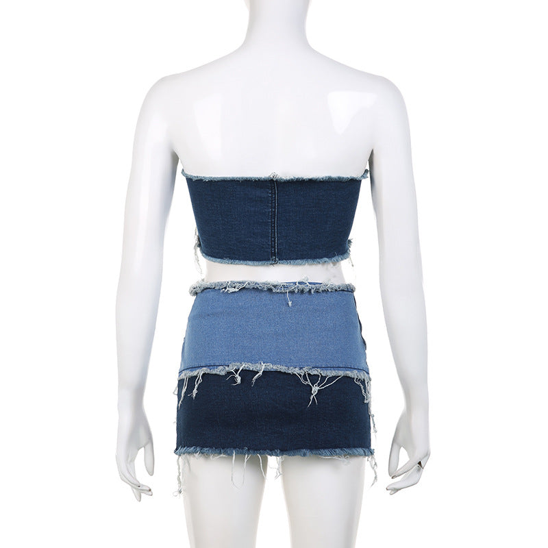 BamBam Women's Street Sexy Adjustable Button Wrap Patchwork Contrast Denim Top Skirt Two Piece Set - BamBam