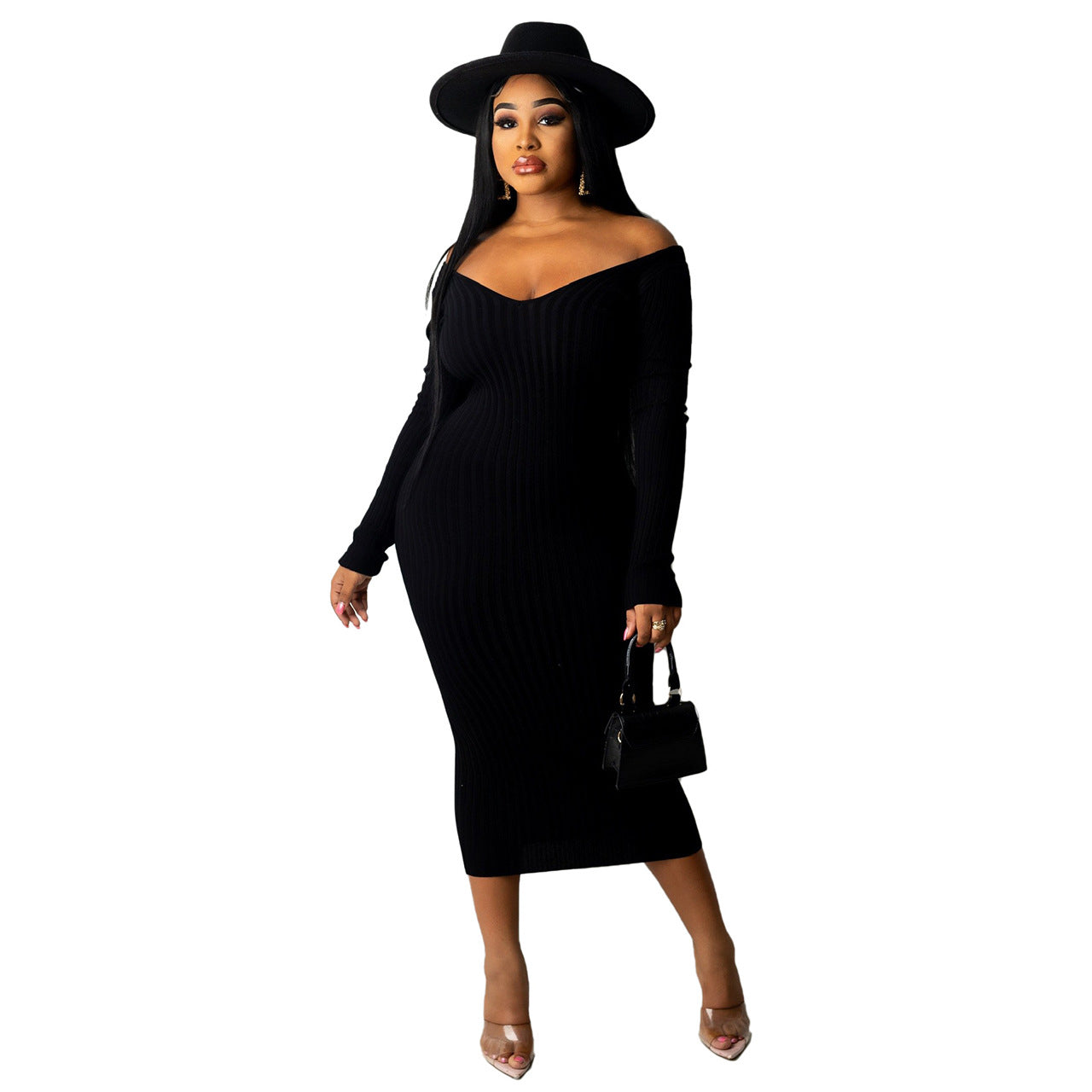 BamBam V-Neck Off-Shoulder Ribbed Slim Sexy Dress - BamBam Clothing