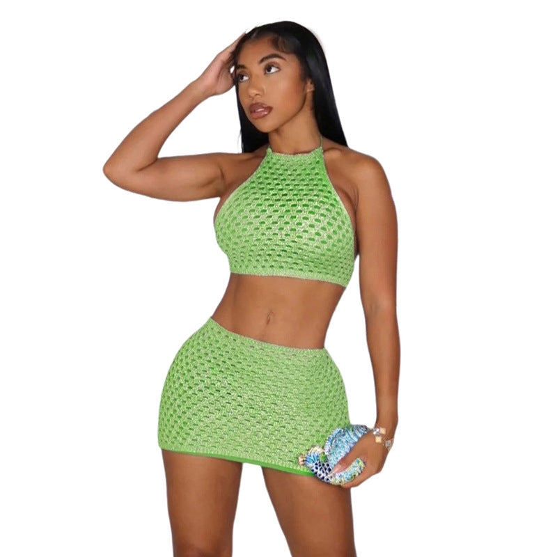 BamBam Summer Women's Sexy Hollow Knitting Sleeveless Top High Waist Mini Skirt Two Piece Set For Women - BamBam