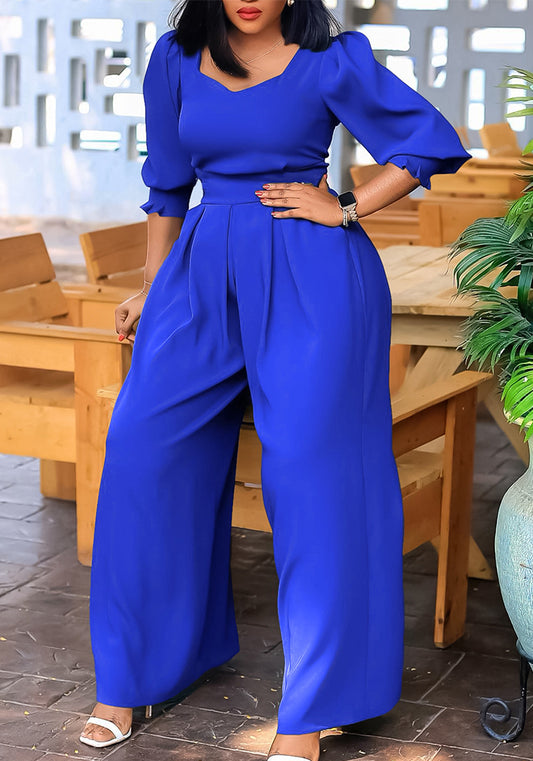 Plus Size African Women Long Sleeve Solid Loose Wide Leg Jumpsuit