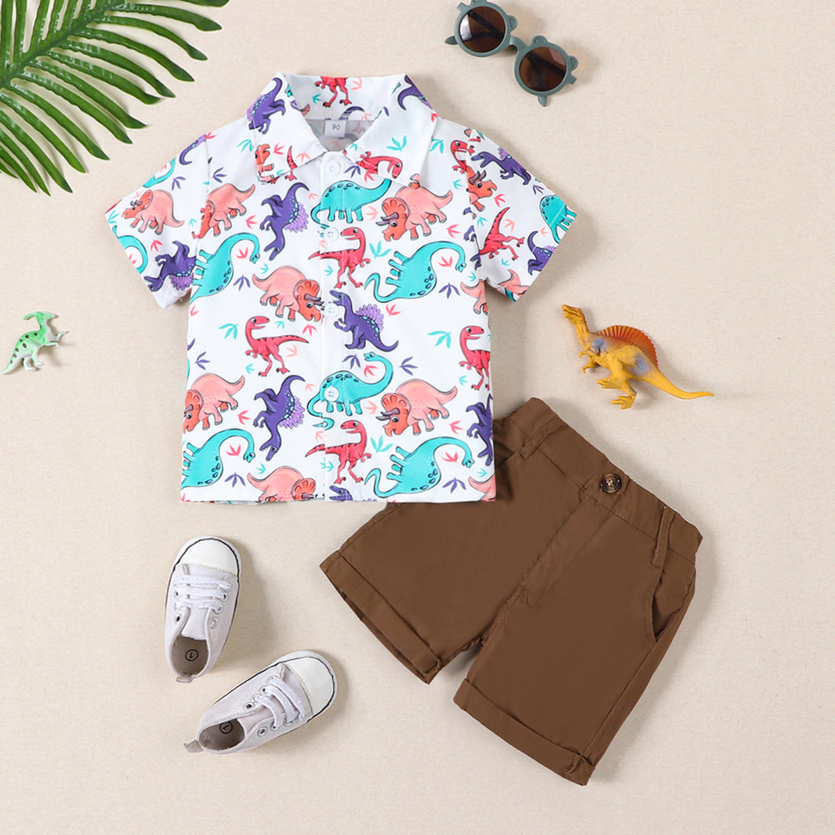 BamBam Boy summer cute cartoon dinosaur short-sleeved shirt and Shorts two-piece set - BamBam