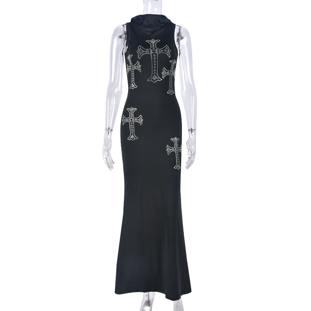 BamBam Women Cross Hot Rhinestone Style Hooded Sleeveless Maxi Dress - BamBam