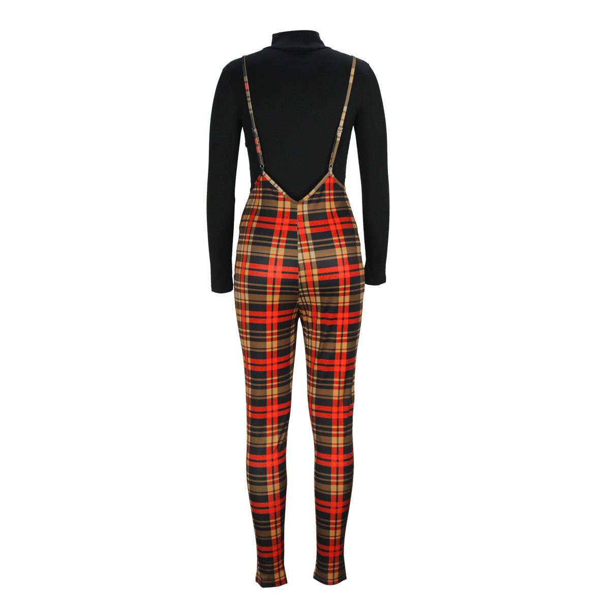 BamBam Women Casual Christmas Turtleneck Top and Plaid Overalls Two-Piece Set - BamBam