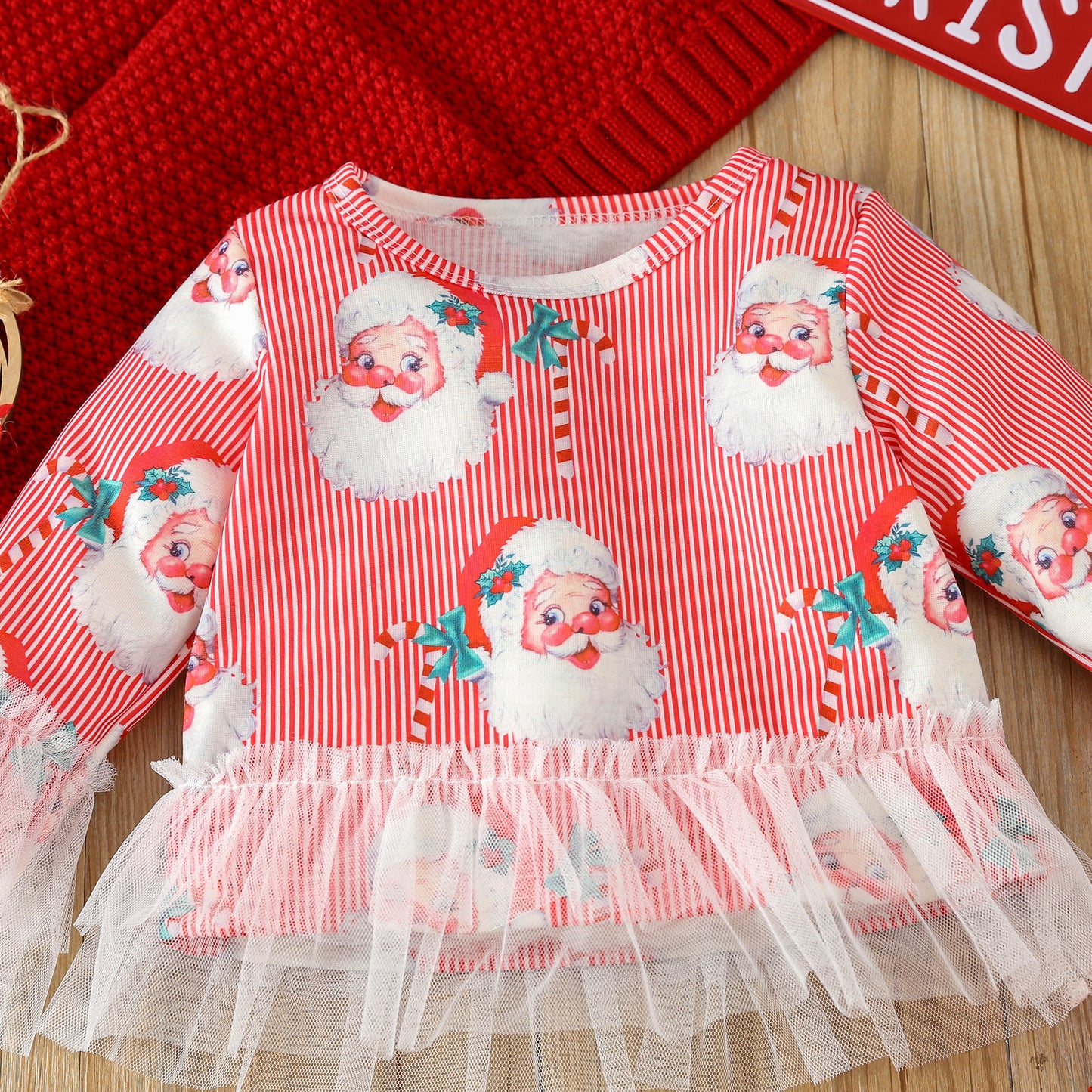 BamBam Christmas Girl long-sleeved cartoon Santa Claus printed T-shirt Pant home wear two-piece set - BamBam