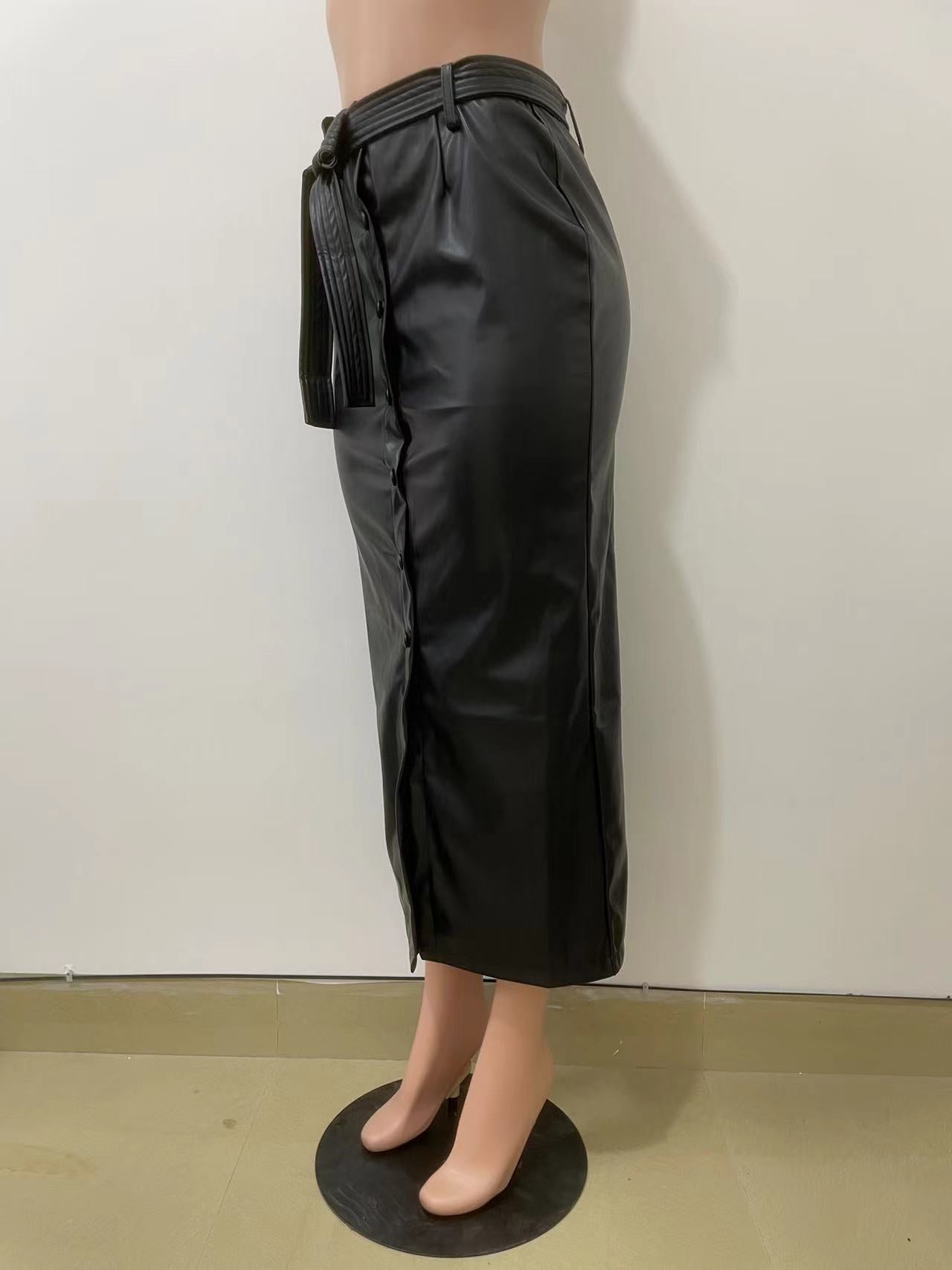 BamBam Autumn And Winter Mid-Length Black Pu Buckle Slit Casual Leather Skirt With Belt - BamBam