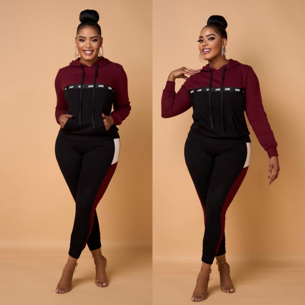 BamBam Women's Autumn And Winter Fashion Contrast Color Tracksuit Two-Piece Pants Set - BamBam
