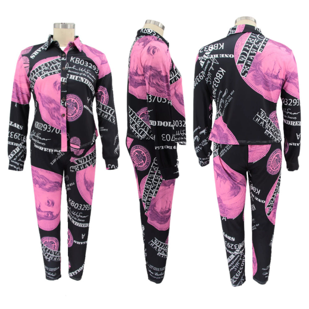 BamBam Plus Size Women Vintage Printed Long Sleeve Shirt + Pants Two-Piece Set - BamBam Clothing