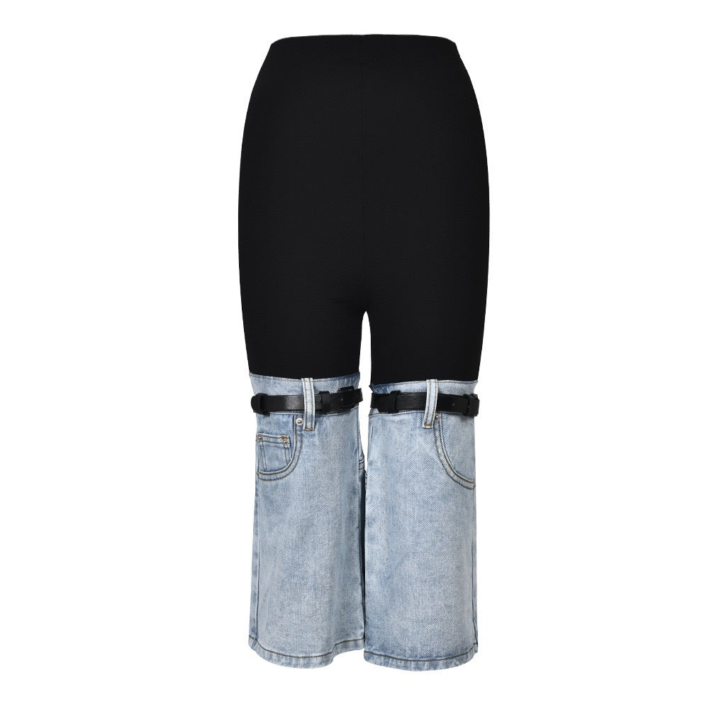 BamBam Women Color Block Stretch Denim Bell Bottom Cropped Pants - BamBam