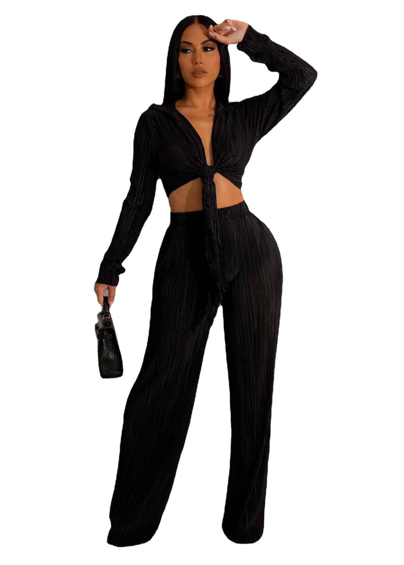 BamBam Women' Lace-Up Pleated Top and Pant Two-Piece Set - BamBam