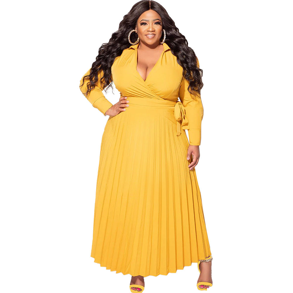 BamBam Plus Size Women V-Neck Tie Long Sleeve Pleated Skirt - BamBam