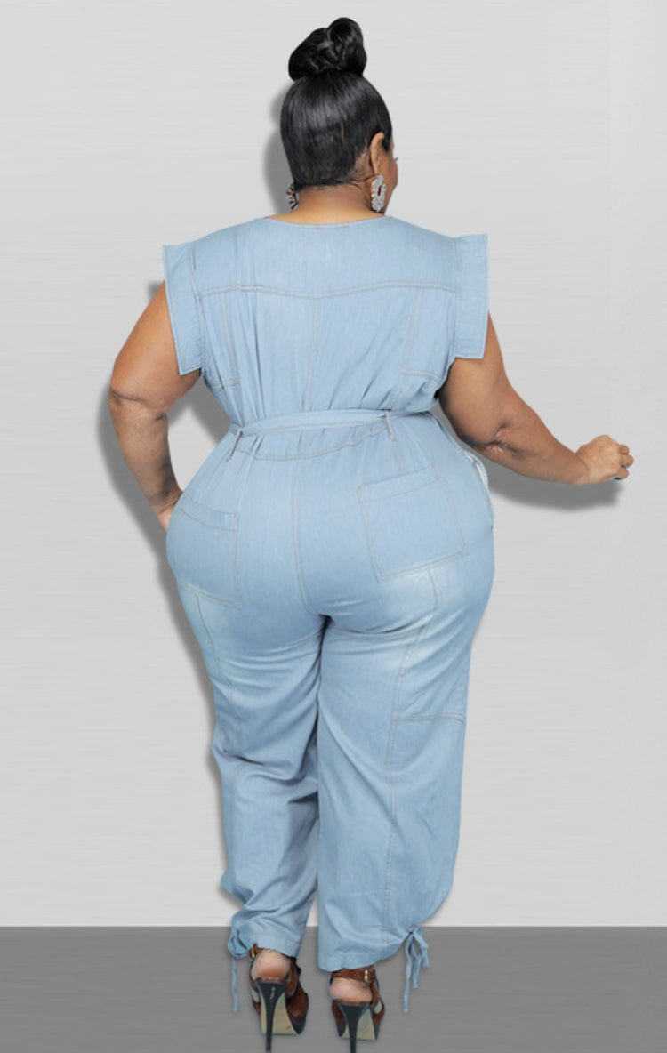 BamBam Summer Plus Size Sleeveless Denim Jumpsuit with Belt - BamBam Clothing