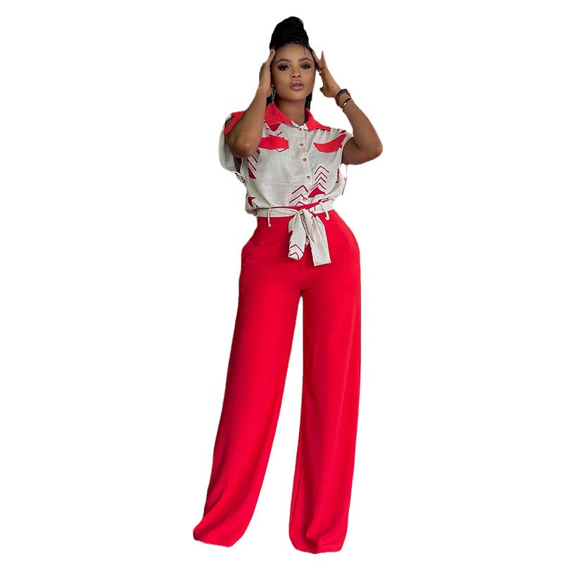 BamBam Women's Autumn Fashion Turndown Collar Short Sleeve Shirt Lace-Up Wide Leg Pants Casual Two Piece Set - BamBam