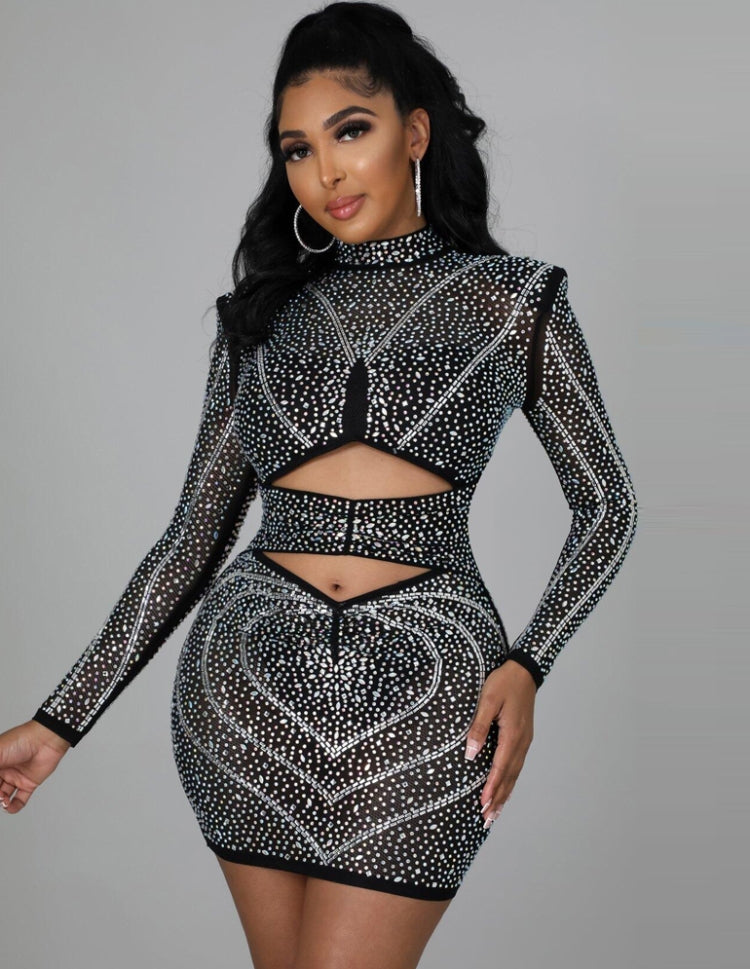 BamBam Winter Sexy Black Beaded Cutout Long Sleeve Club Dress - BamBam Clothing Clothing