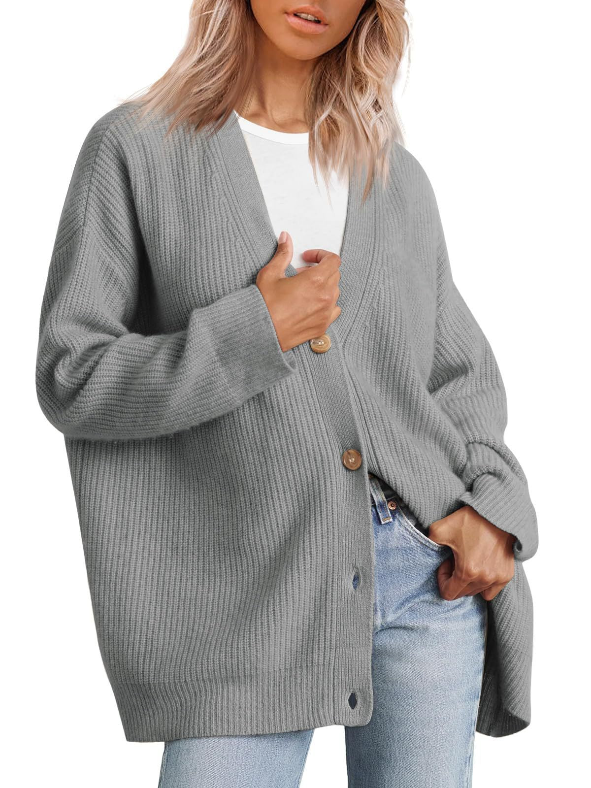 BamBam Knitting Cardigan Women's Button V-Neck Solid Color Sweater For Women - BamBam