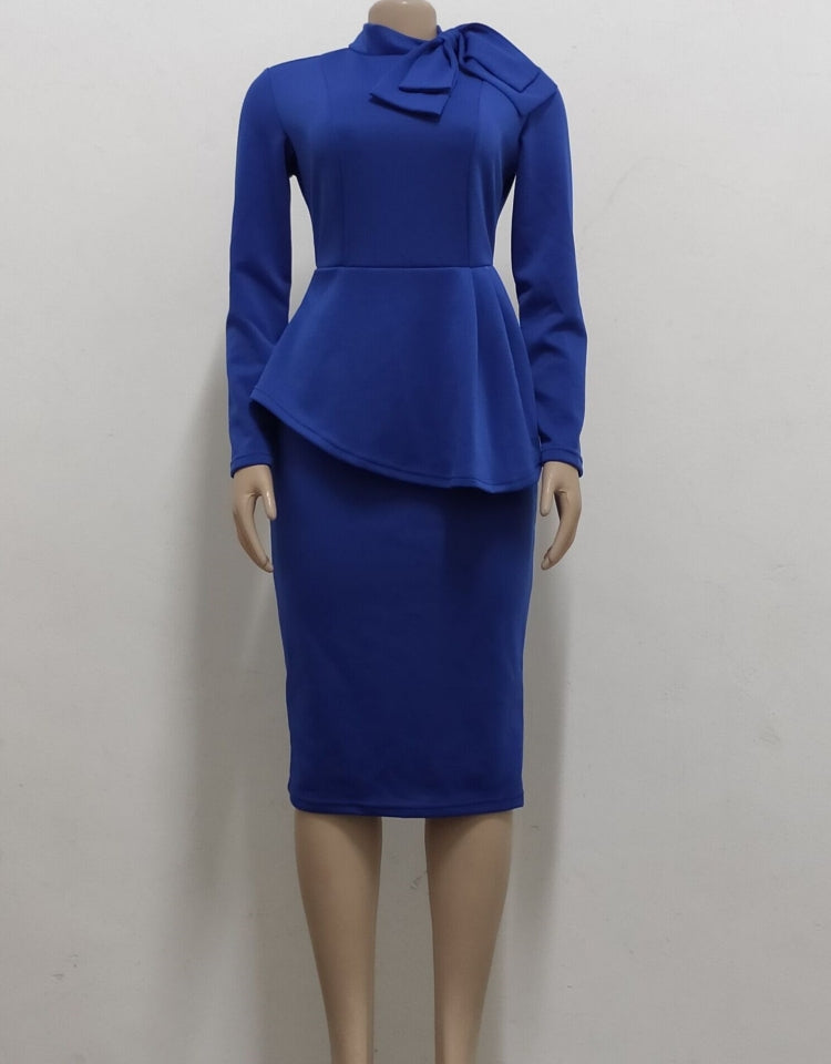 BamBam Women Spring Blue Formal Bow Long Sleeve Solid Knee-Length Office Dress - BamBam