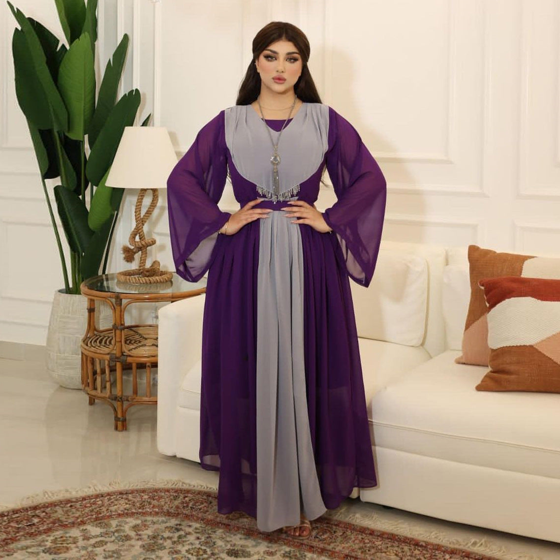 BamBam Muslim chiffon Contrast Long sleeve mesh Long Gown - BamBam