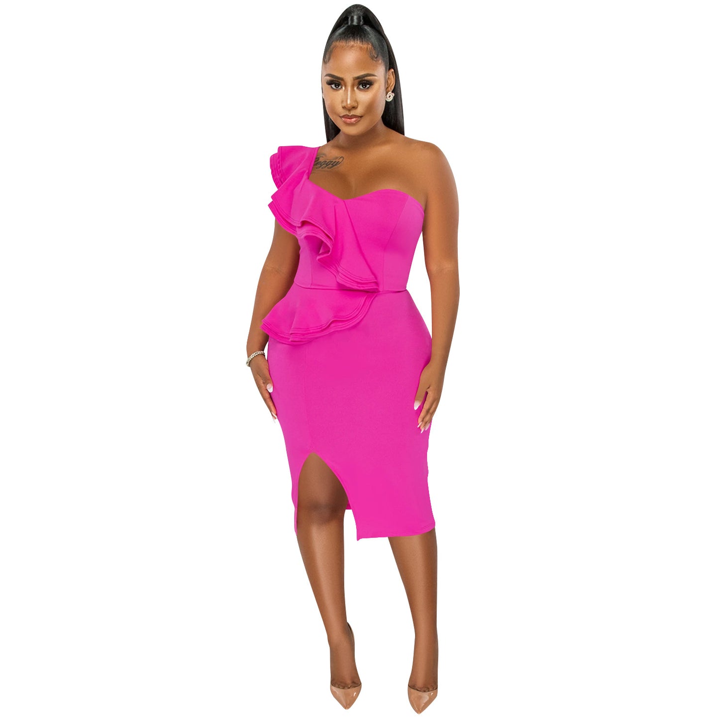 BamBam Fashion Casual Ruffle Slit One Shoulder Sleeve Dress Women - BamBam