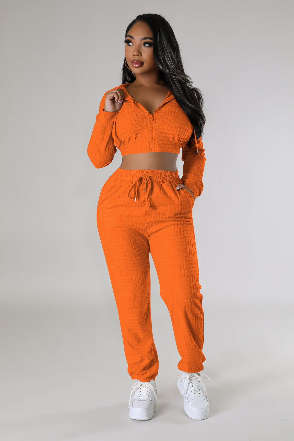 BamBam Women's Clothing Fashionable Solid Jacquard Zipper Hoodie Sweatpants Two-Piece Set - BamBam