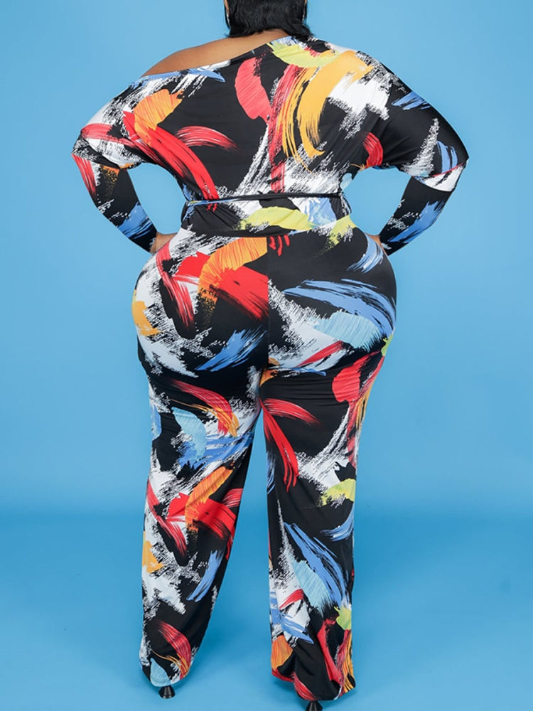 BamBam Autumn Plus Size Print Formal Jumpsuit with Belt - BamBam Clothing