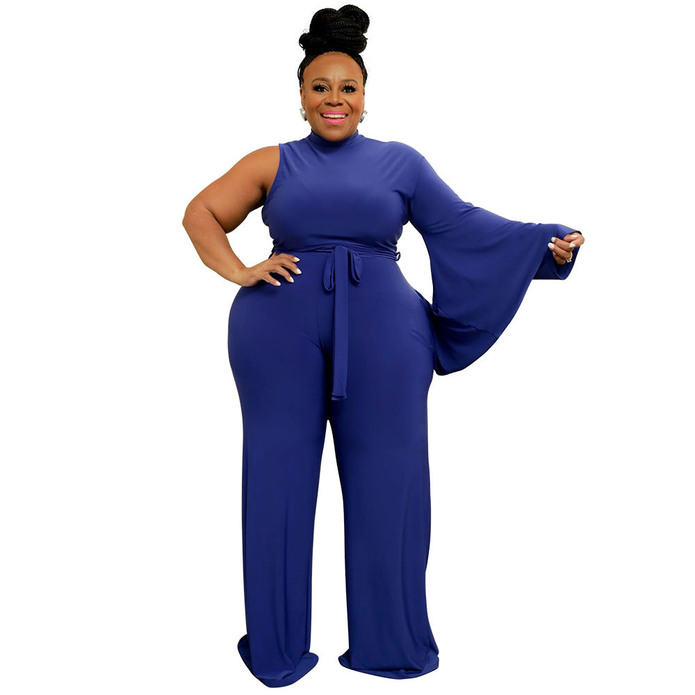 BamBam Fashion Plus Size Women's Solid Lace-Up Slash Shoulder Wide Sleeve Jumpsuit - BamBam Clothing