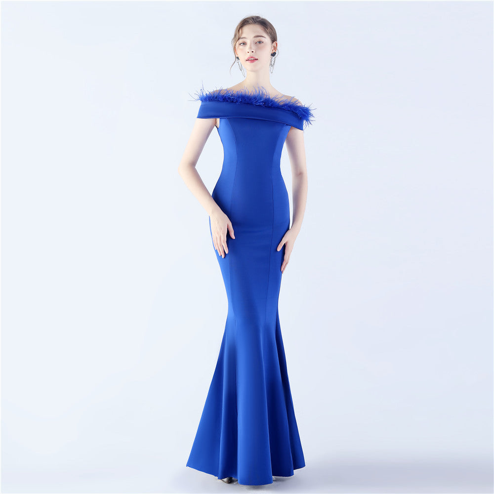 BamBam Women Ostrich Feather Off Shoulder Strapless Evening Dress - BamBam Clothing