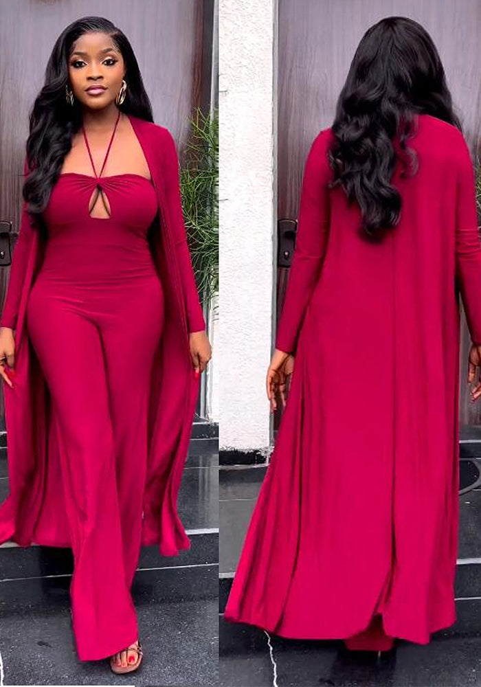 Sexy Solid Color Halter Neck Long-Sleeved Coat Jumpsuit Two-Piece Set