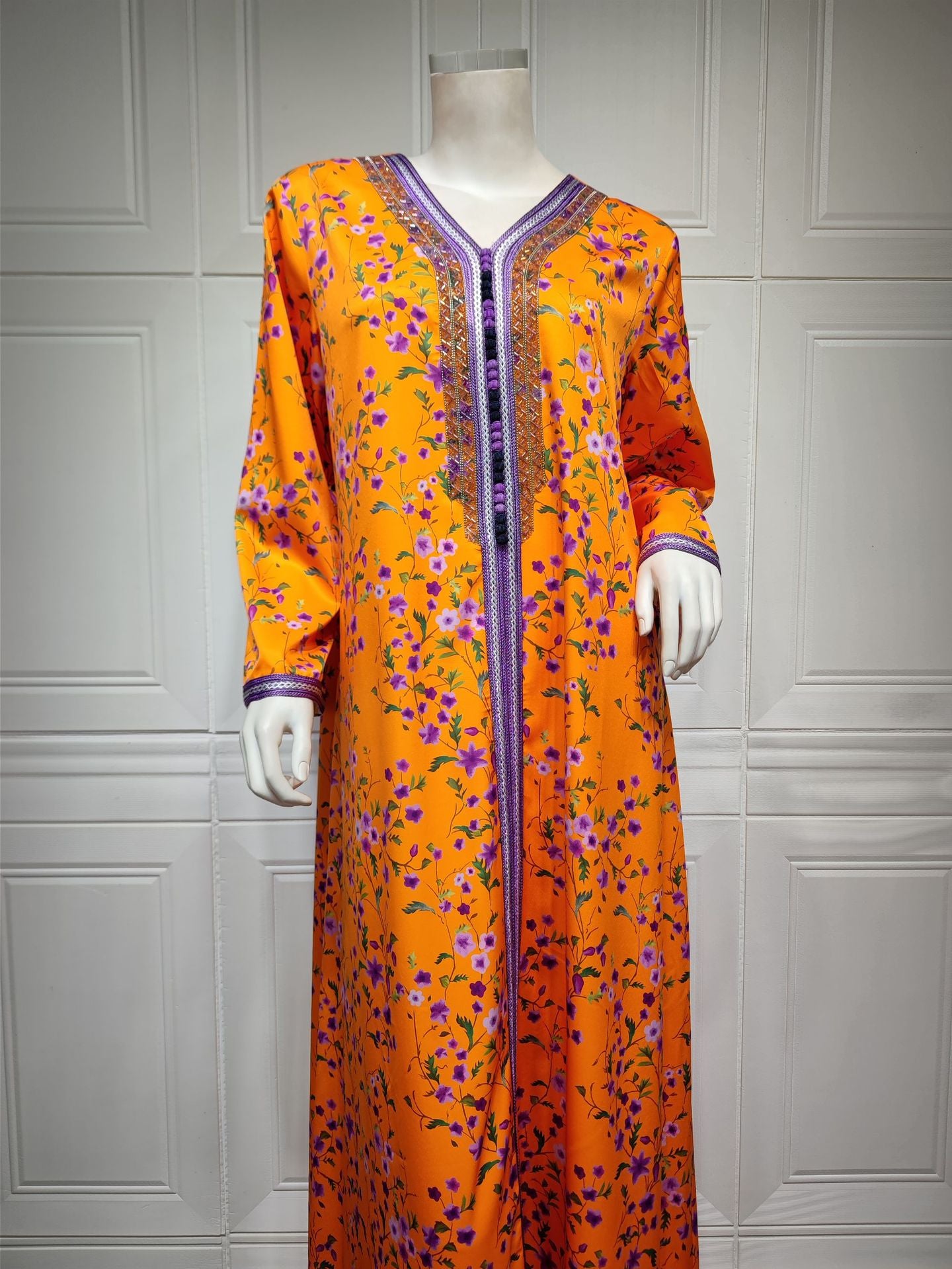 BamBam Abaya Muslim Fashion Print Beaded Dress Dubai Jalabiya For Women - BamBam