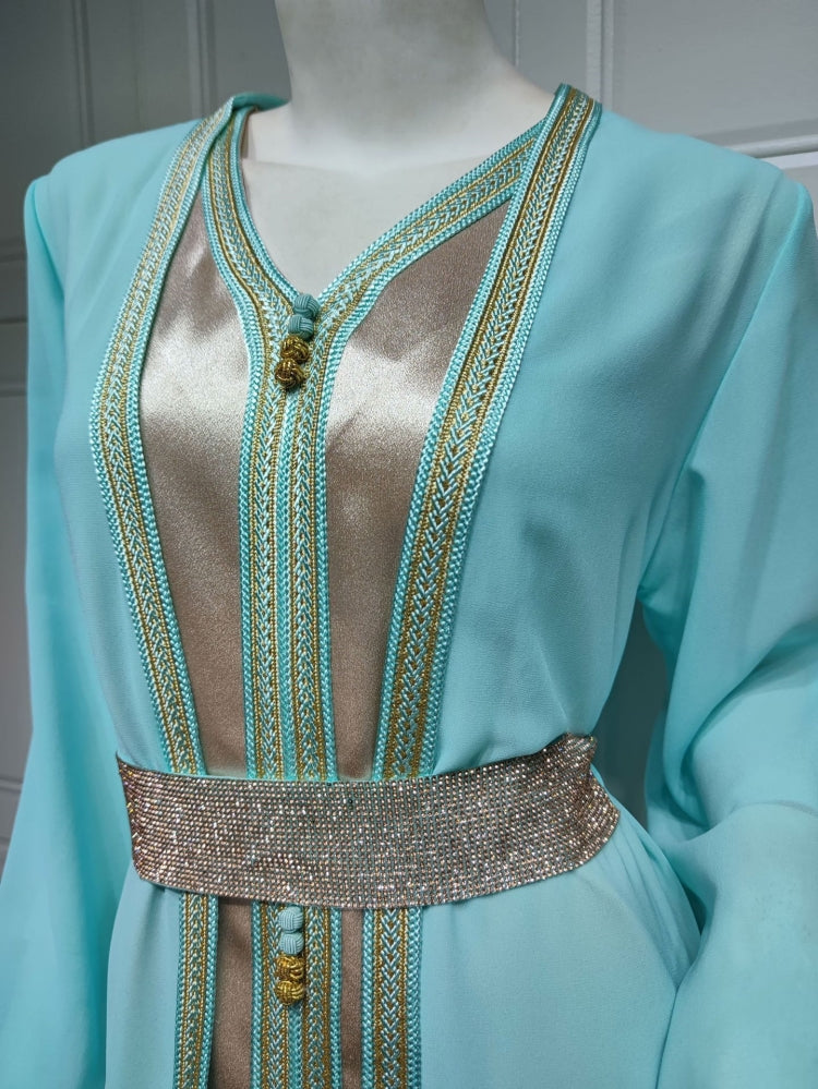 BamBam Women Spring Blue Tape Belted Islamic Clothing Kaftan Abaya Muslim Dress two piece set - BamBam