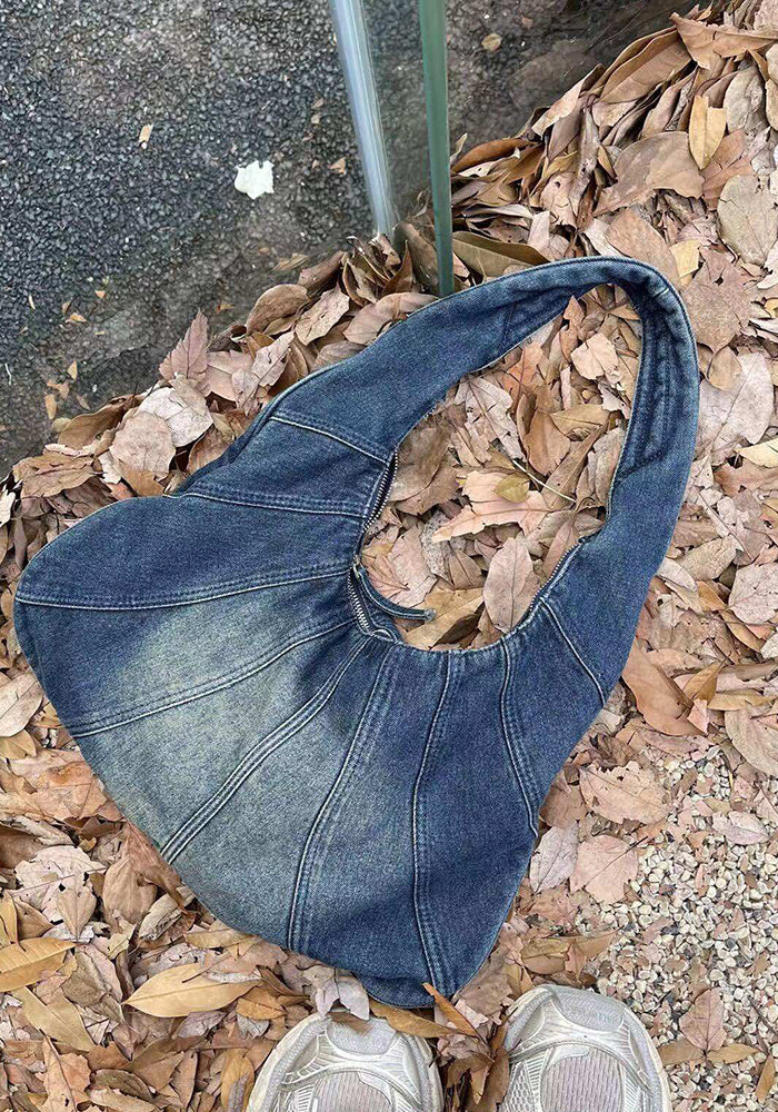 Women vintage washed denim single shoulder horn large bag