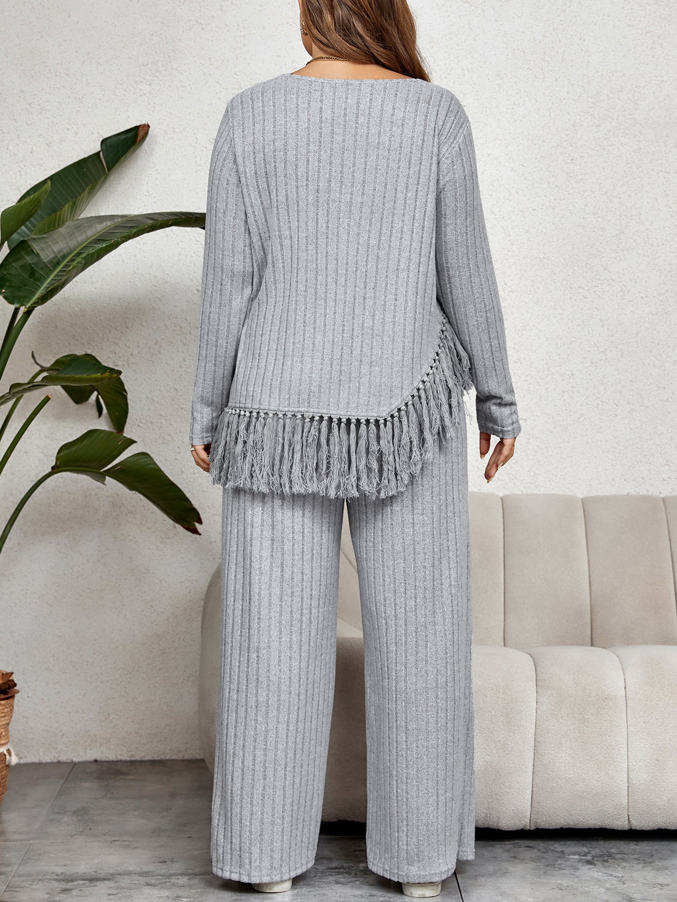 BamBam Irregular Fringed Long-Sleeved Top And Loose Wide-Leg Pants Suit - BamBam