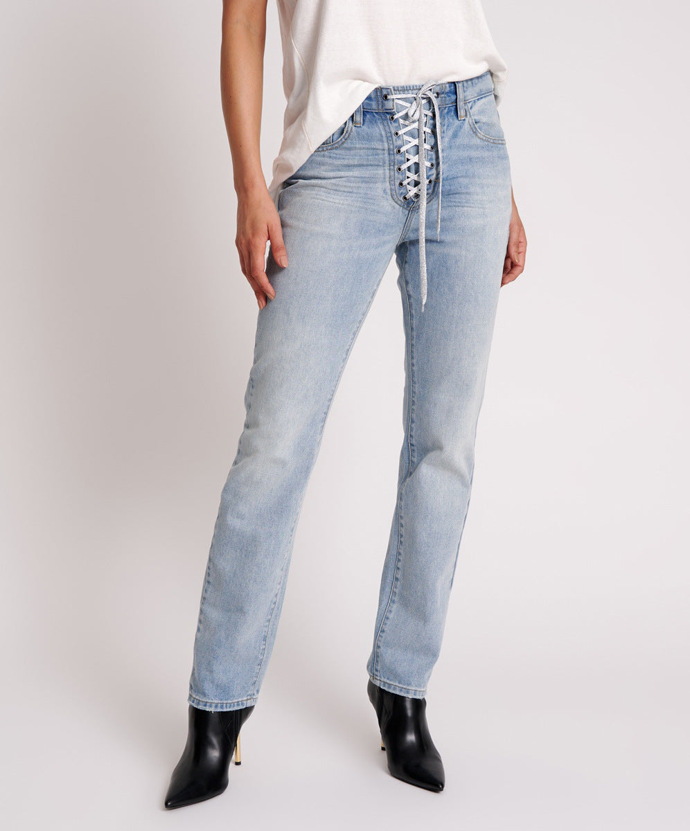 BamBam Women High Waist Washed Casual Style Denim Pants - BamBam