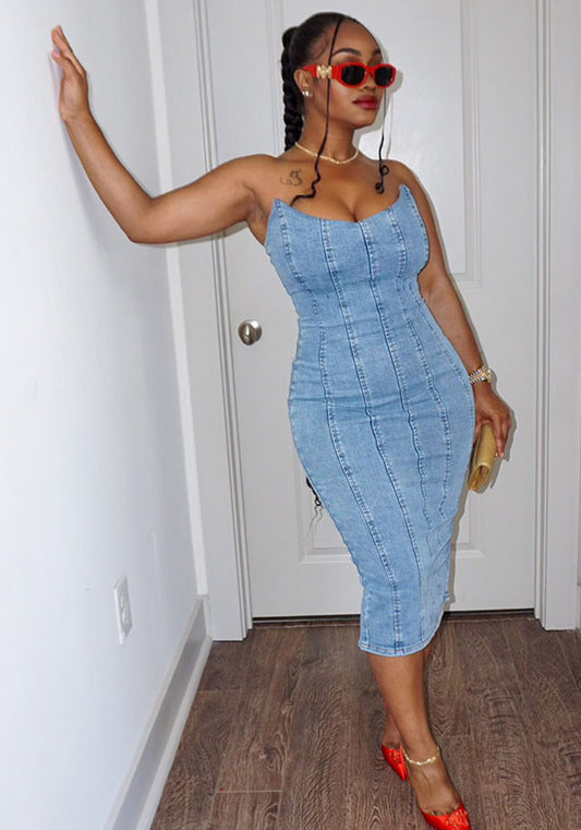 Women's Summer Sexy Fit Fashion Patchwork Strapless Denim Dress