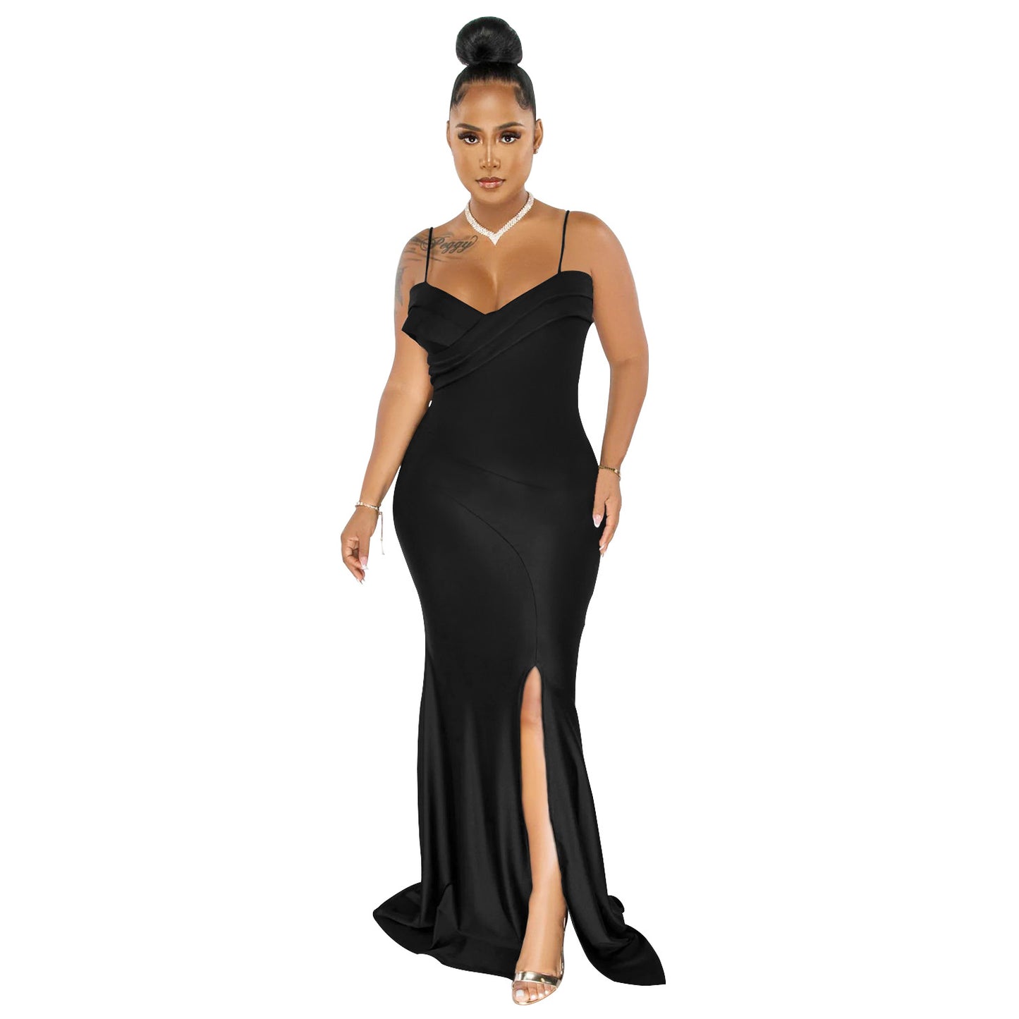 BamBam Fashion Women'S Solid Color Strap Pleated Wrap Chest Slit Evening Dress - BamBam Clothing