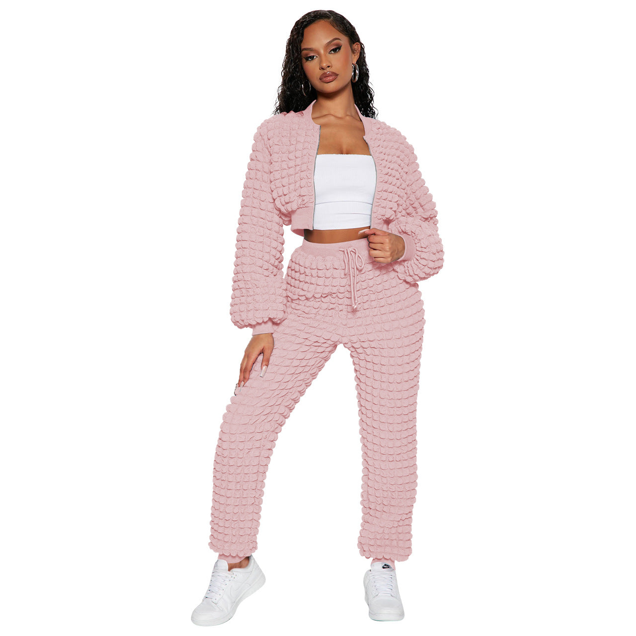 BamBam Women's Fashion Casual Solid Zipper Long Sleeve Draw String Two-Piece Pants Set - BamBam