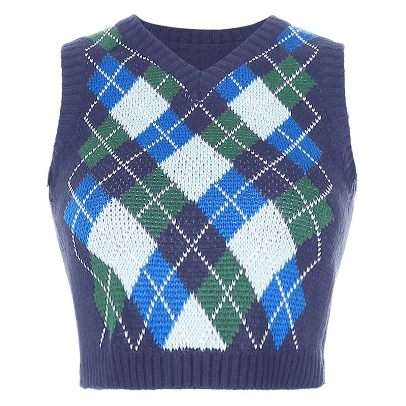 BamBam Women Solid Plaid Sleeveless V-Neck Sweater - BamBam