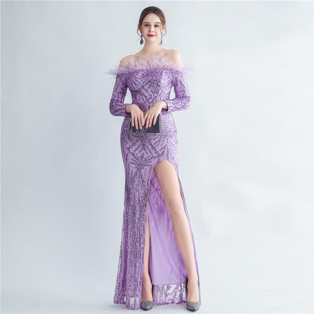 BamBam Feather Sequins Off Shoulder Long Sleeve Mermaid Evening Dress - BamBam Clothing