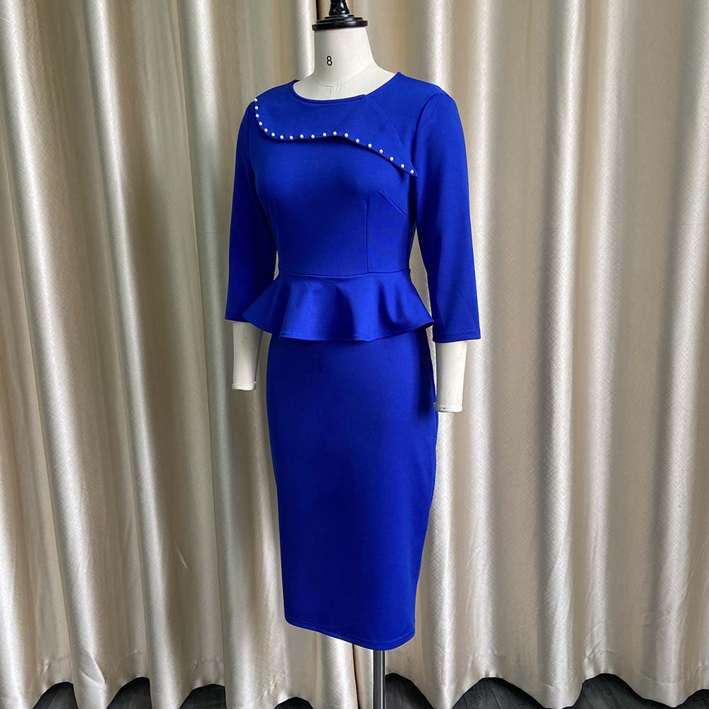 BamBam Women Spring Blue Modest O-Neck Three Quarter Sleeves Solid Rivet Midi Pencil Office Dress - BamBam