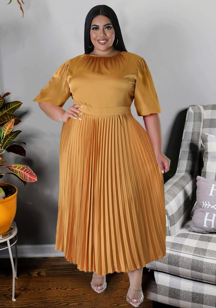 Plus Size Women's Fall Winter Pleated Round Neck Long Dress Short Sleeves