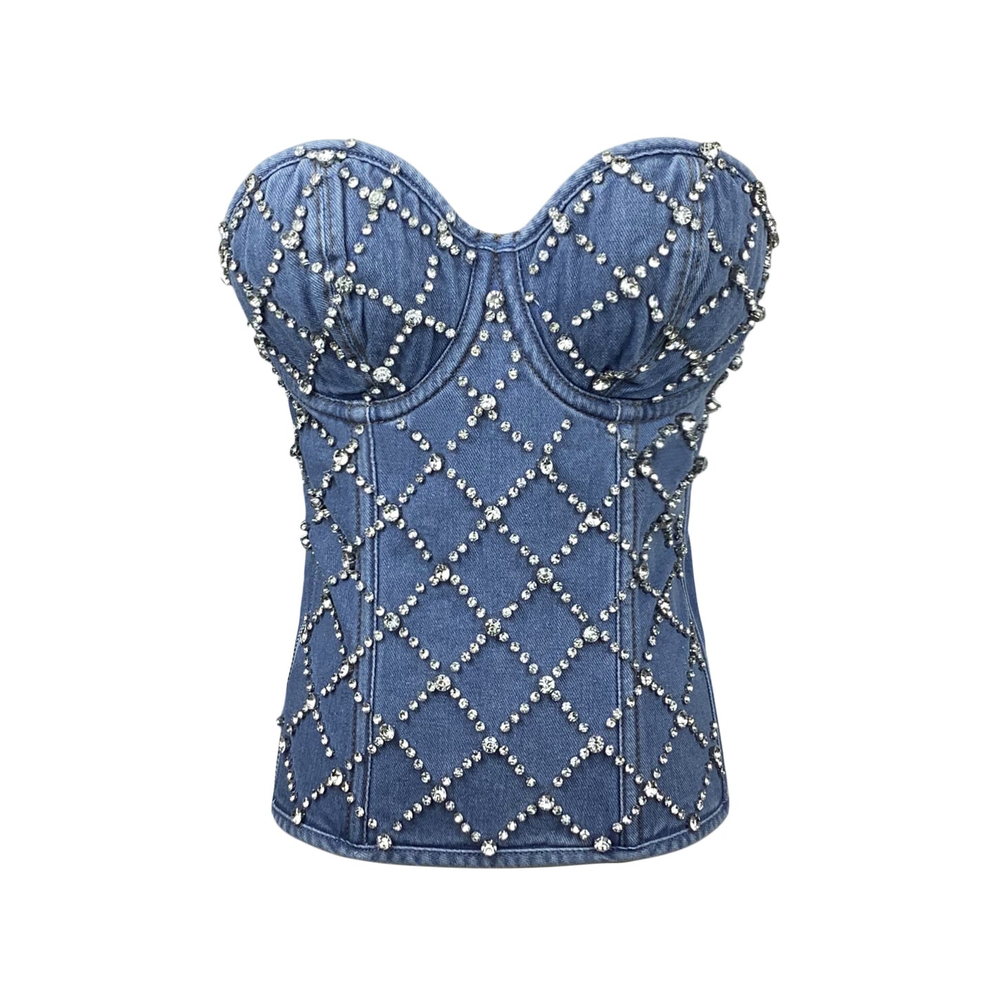 BamBam Women Diamond Beaded Denim Vintage Zip Vest Lace-up Shaping Corset Top - BamBam