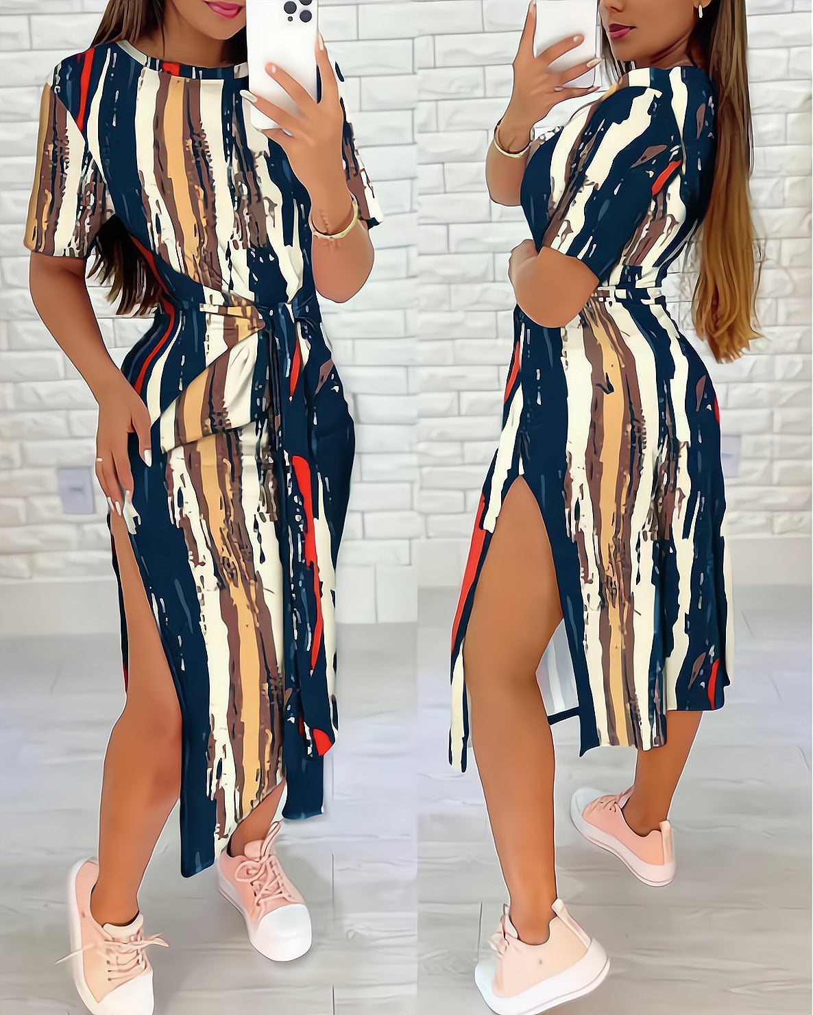 BamBam Summer Round Neck Geometric Print Bodycon Dress Women's - BamBam