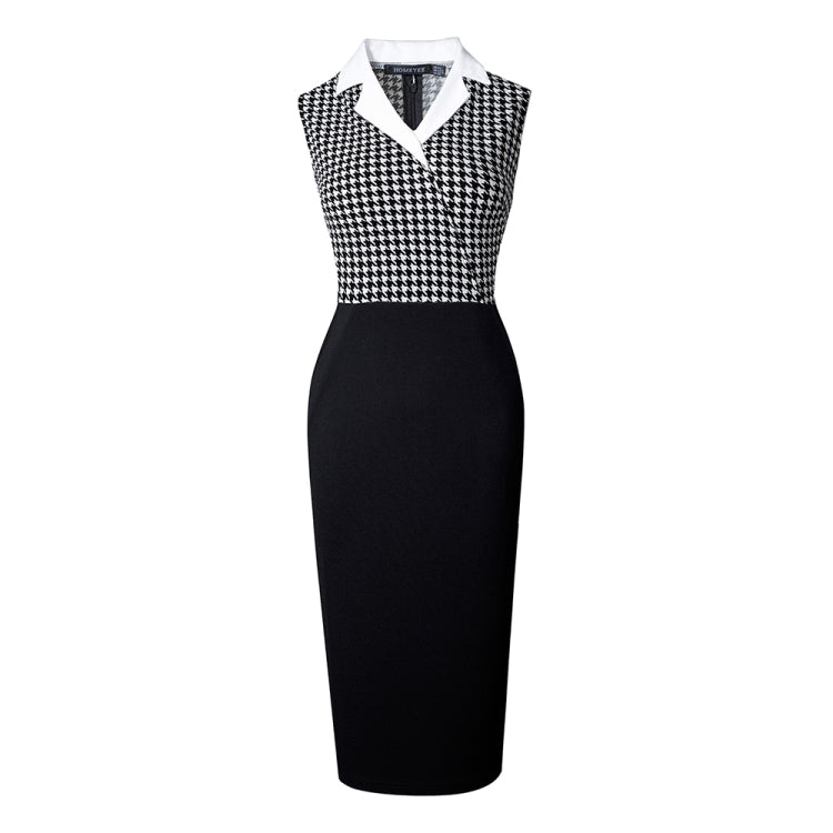 BamBam Houndstooth Patchwork Sleeveless Mid-Waist Polo Neck Bodycon Work Dress - BamBam