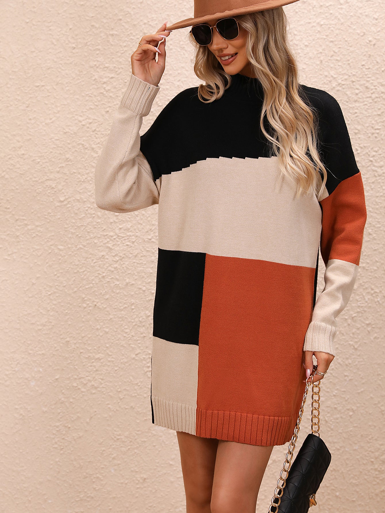 BamBam Plus Size Women Colorblock Round Neck Knitting Sweater Dress - BamBam