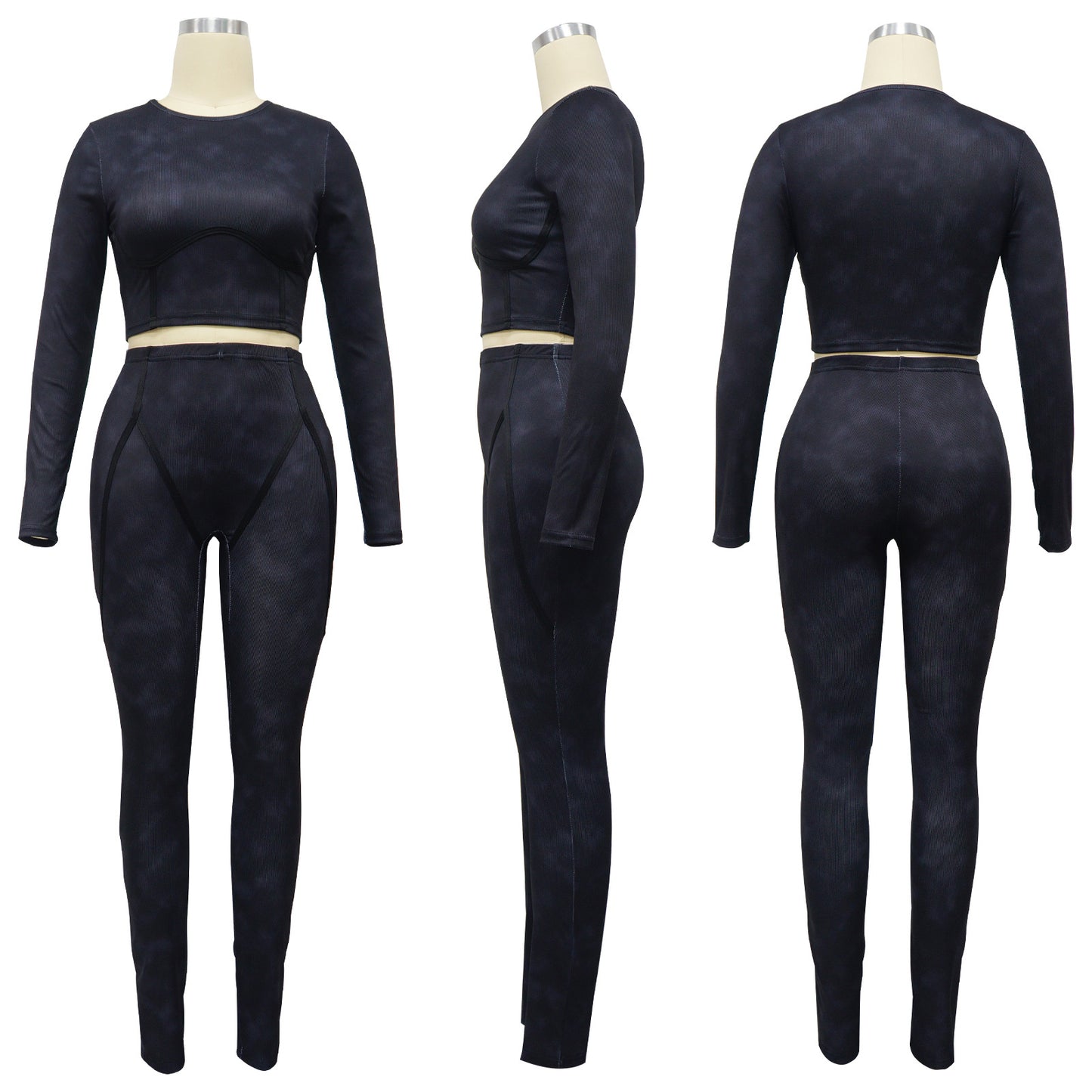 BamBam Women Sexy Ribbed Long Sleeve Top and Pant Two-piece Set - BamBam