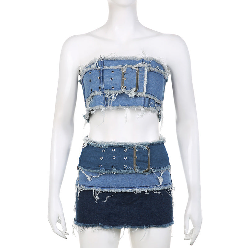 BamBam Women's Street Sexy Adjustable Button Wrap Patchwork Contrast Denim Top Skirt Two Piece Set - BamBam