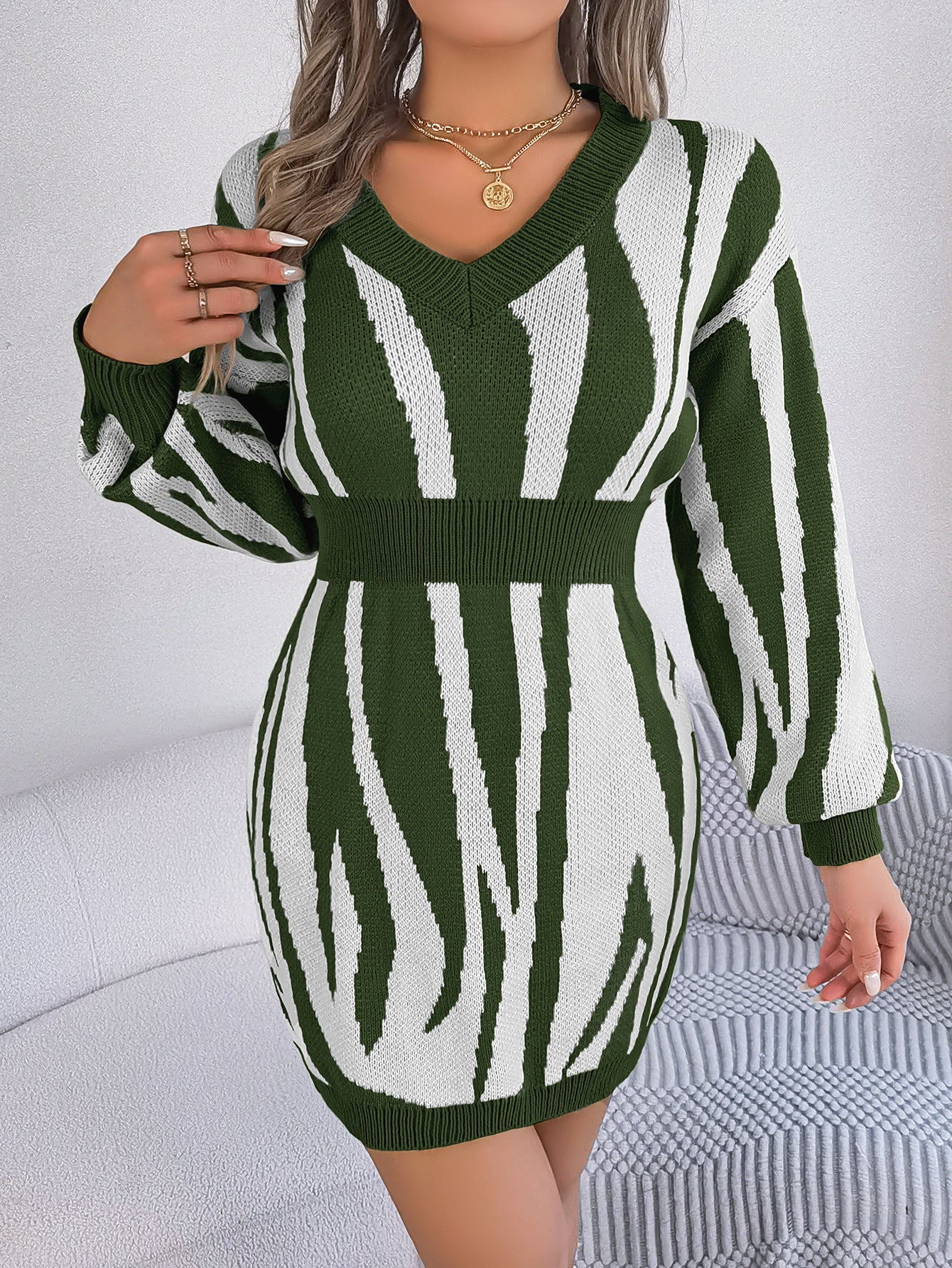 BamBam Women v-neck contrast zebra print long-sleeved Bodycon sweater dress - BamBam